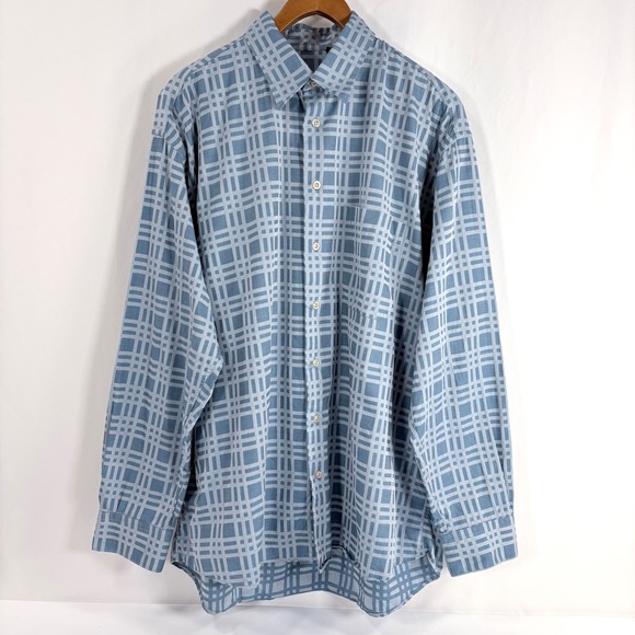 VTG Burberry London Button Down Shirt Blue Geometric Grid Check Cotton Men XL - Picture 2 of 8